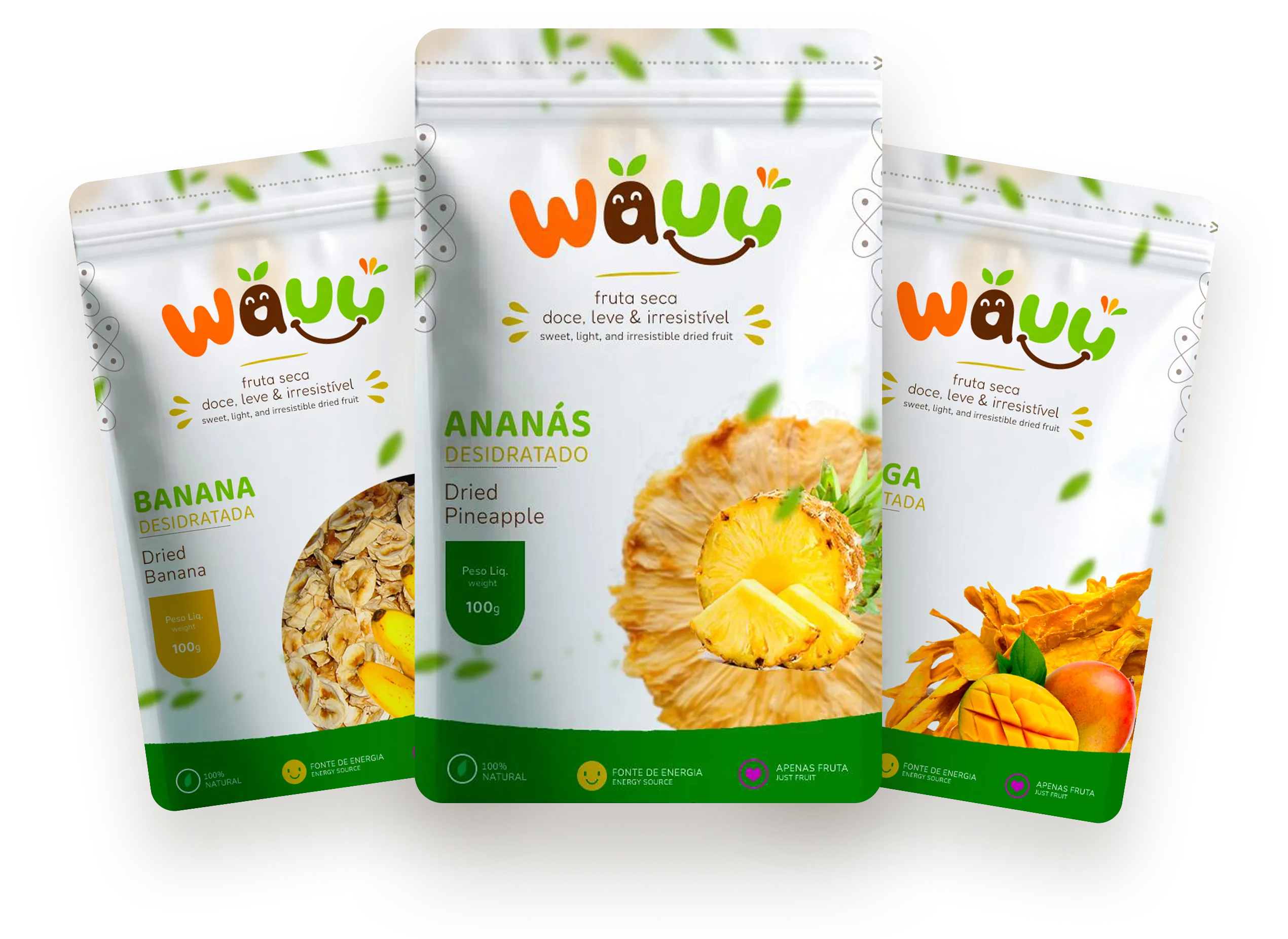 Embalagens de fruta seca Wauu de banana, ananás e manga